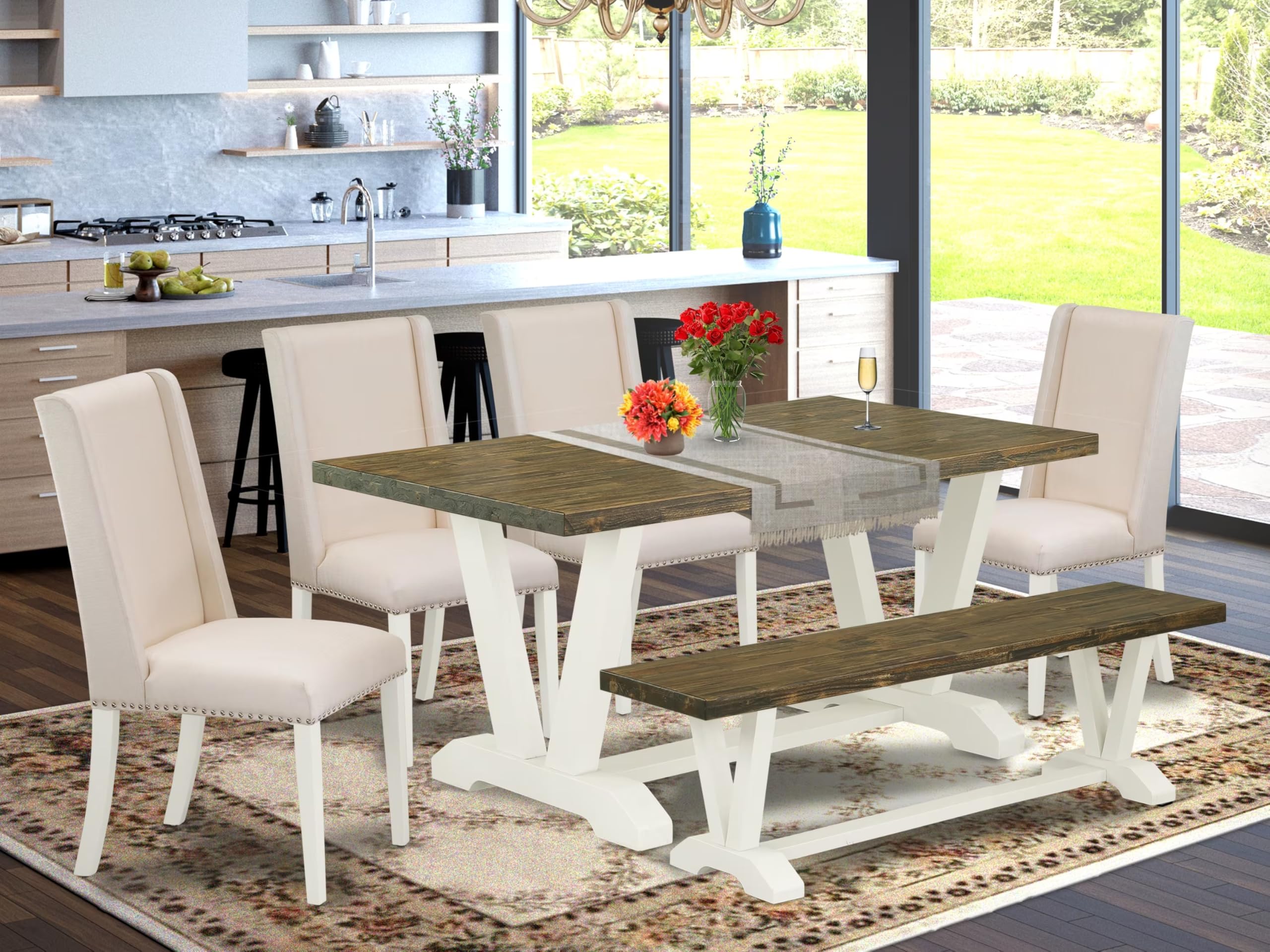 East West Furniture V076Fl201-6 6 Piece Dinette Set Contains A Rectangle Dining Table With V-Legs And 4 Cream Linen Fabric Parson Chairs With A Bench, 36X60 Inch, Multi-Color